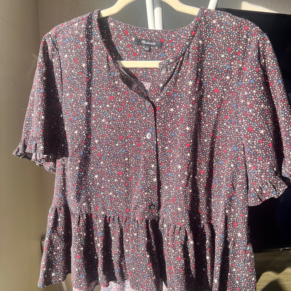 Madewell Star Print Peplum Blouse - Black and Red